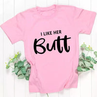 May include a pair of unisex couple t-shirts reading “I Like His Beard” and “I Like Her Butt,” displayed side by side in black and white cotton.