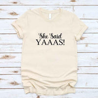May include Cream I Said YAAAS Bachelorette Crew Party Matching T-Shirts, featuring "I Said YAAAS" and "Bride" graphics, made from soft cotton for comfort and perfect for group photos at bachelorette parties.