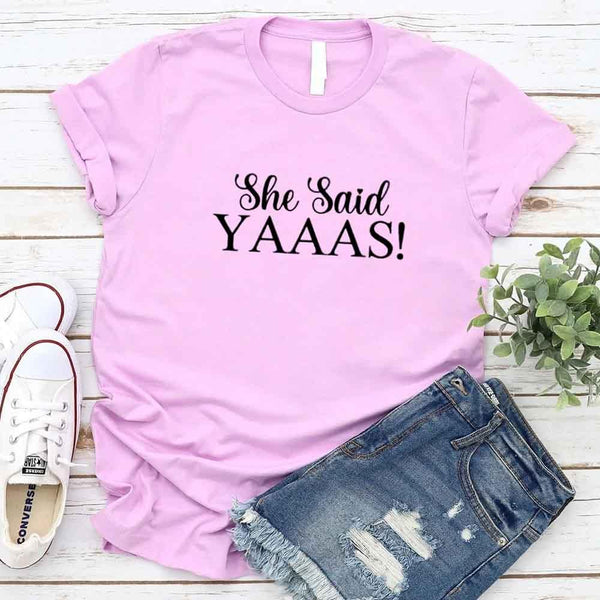 May include Lilac I Said YAAAS Bachelorette Crew Party Matching T-Shirts, featuring "I Said YAAAS" and "Bride" graphics, made from soft cotton for comfort and perfect for group photos at bachelorette parties.