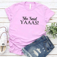 May include Lilac I Said YAAAS Bachelorette Crew Party Matching T-Shirts, featuring "I Said YAAAS" and "Bride" graphics, made from soft cotton for comfort and perfect for group photos at bachelorette parties.