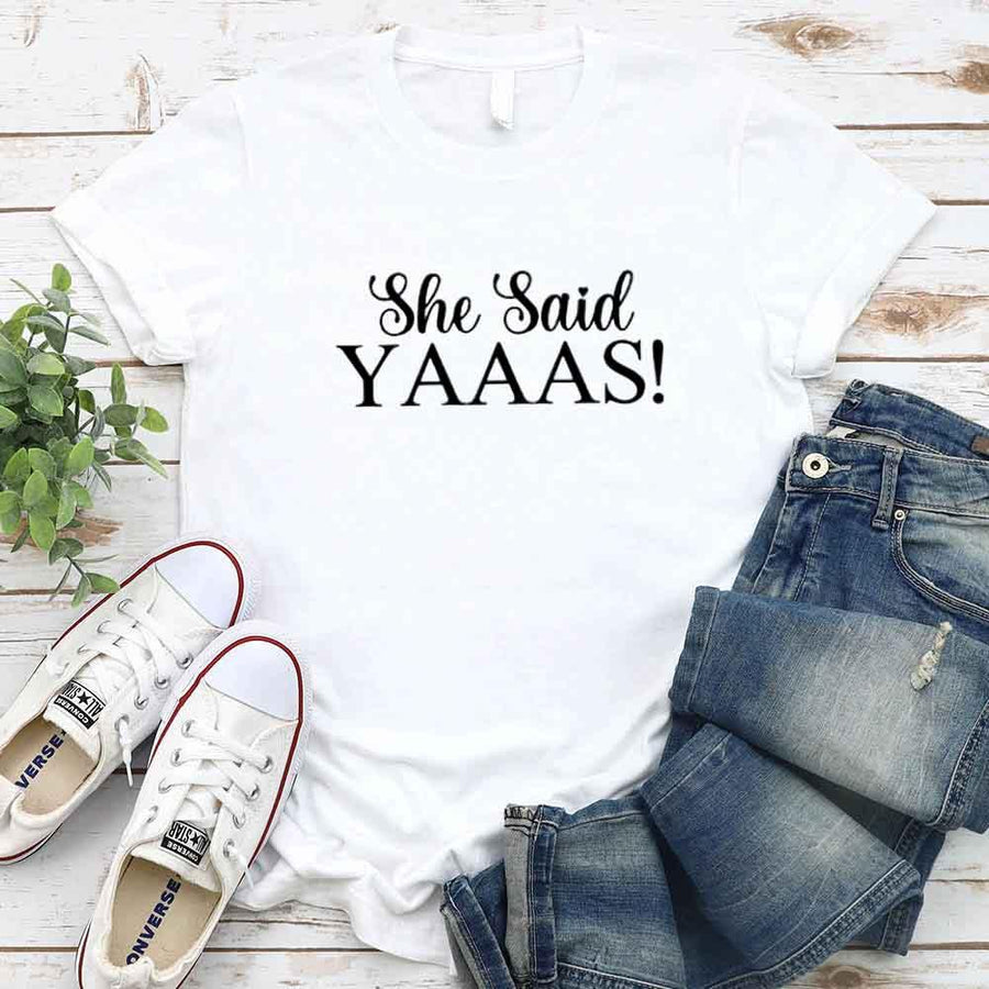 May include White I Said YAAAS Bachelorette Crew Party Matching T-Shirts, featuring "I Said YAAAS" and "Bride" graphics, made from soft cotton for comfort and perfect for group photos at bachelorette parties.