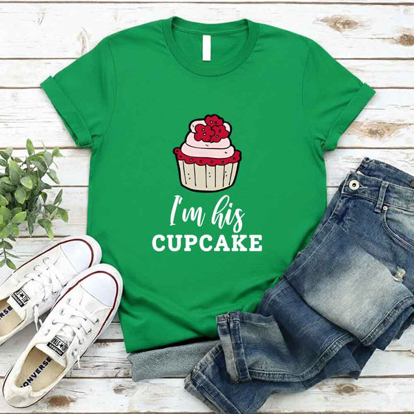 May include a cupcake-themed couple t-shirt with playful graphics symbolizing love and sweetness.