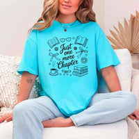 May include a person wearing a Turquoise Just One More Chapter T-Shirt featuring trendy book lover graphic and relaxed fit.