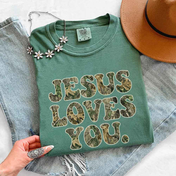 Jesus Loves You Camouflage Comfort Colors - Faith Based Graphic Tee