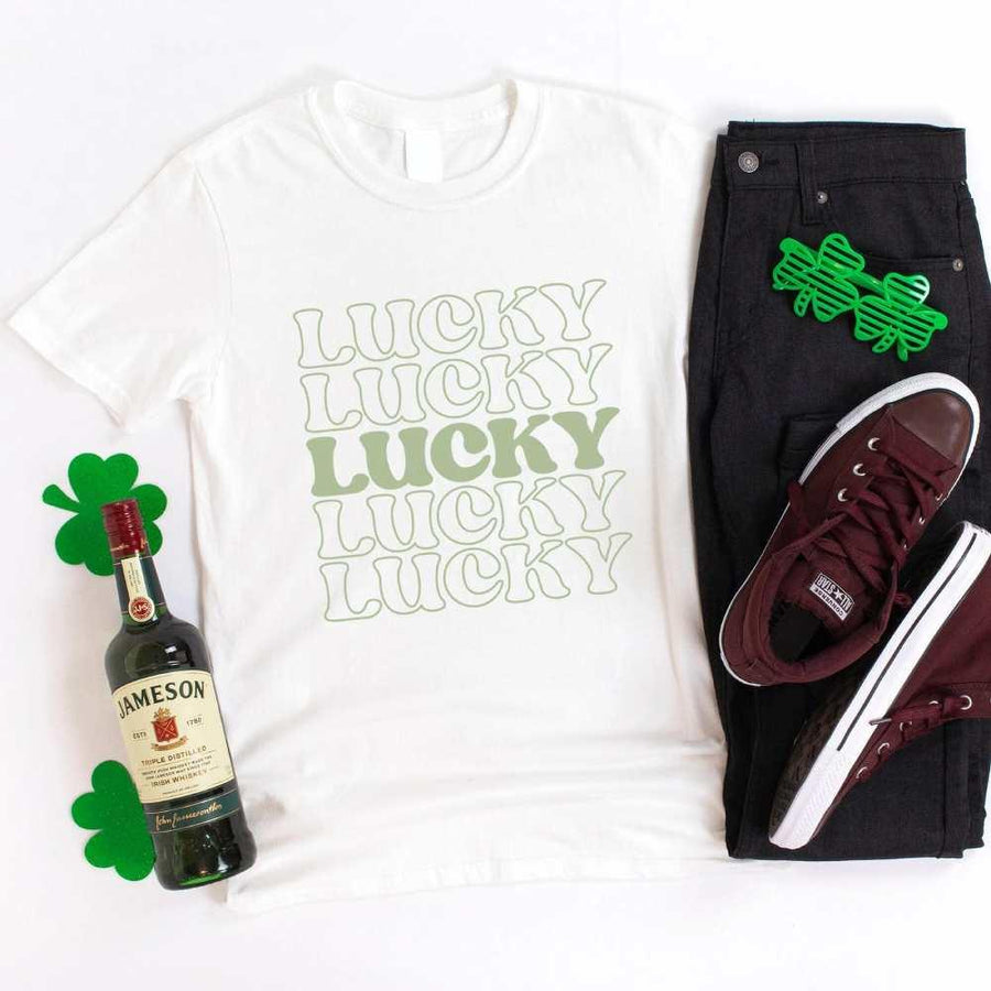 May include a Lucky 5 St. Patty’s T-Shirt featuring a festive Irish-inspired design with green tones and bold typography.