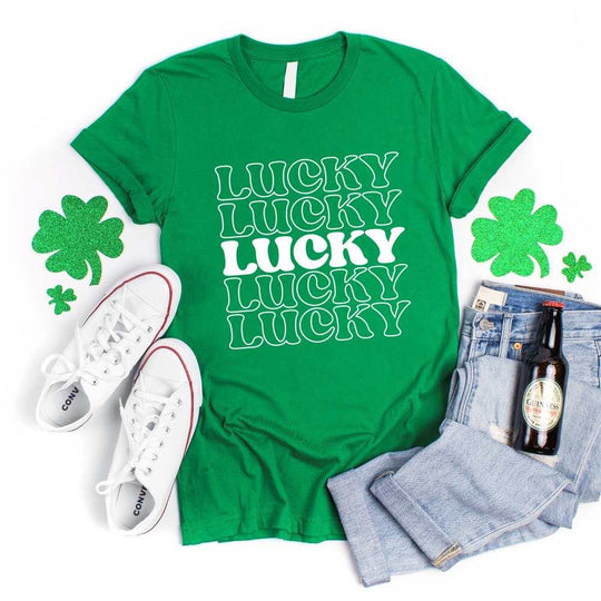 May include a Lucky 5 St. Patty’s T-Shirt featuring a festive Irish-inspired design with green tones and bold typography.