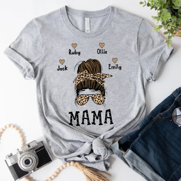 May include a graphic top showing a mama and kids illustration with messy hair in a simple, casual style.