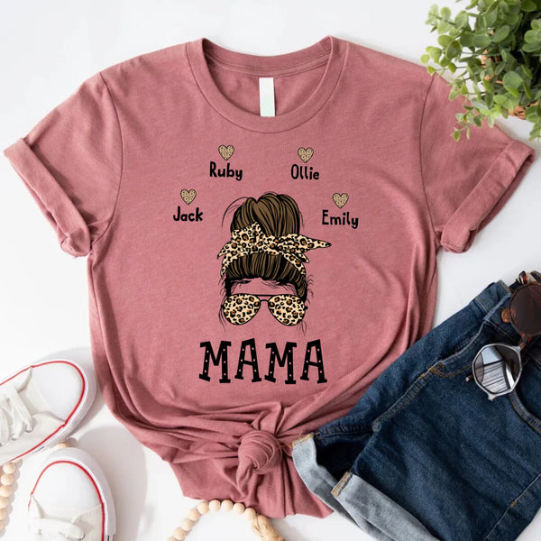 May include a graphic top showing a mama and kids illustration with messy hair in a simple, casual style.