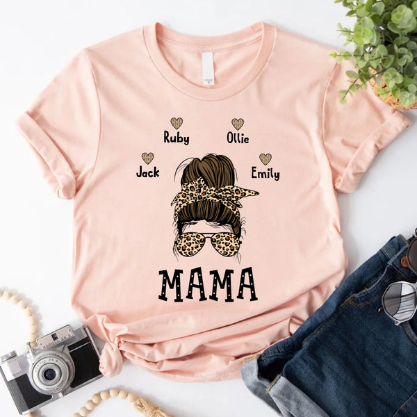 May include a graphic top showing a mama and kids illustration with messy hair in a simple, casual style.