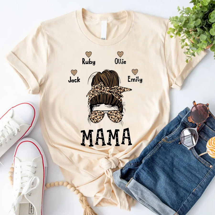 May include a graphic top showing a mama and kids illustration with messy hair in a simple, casual style.