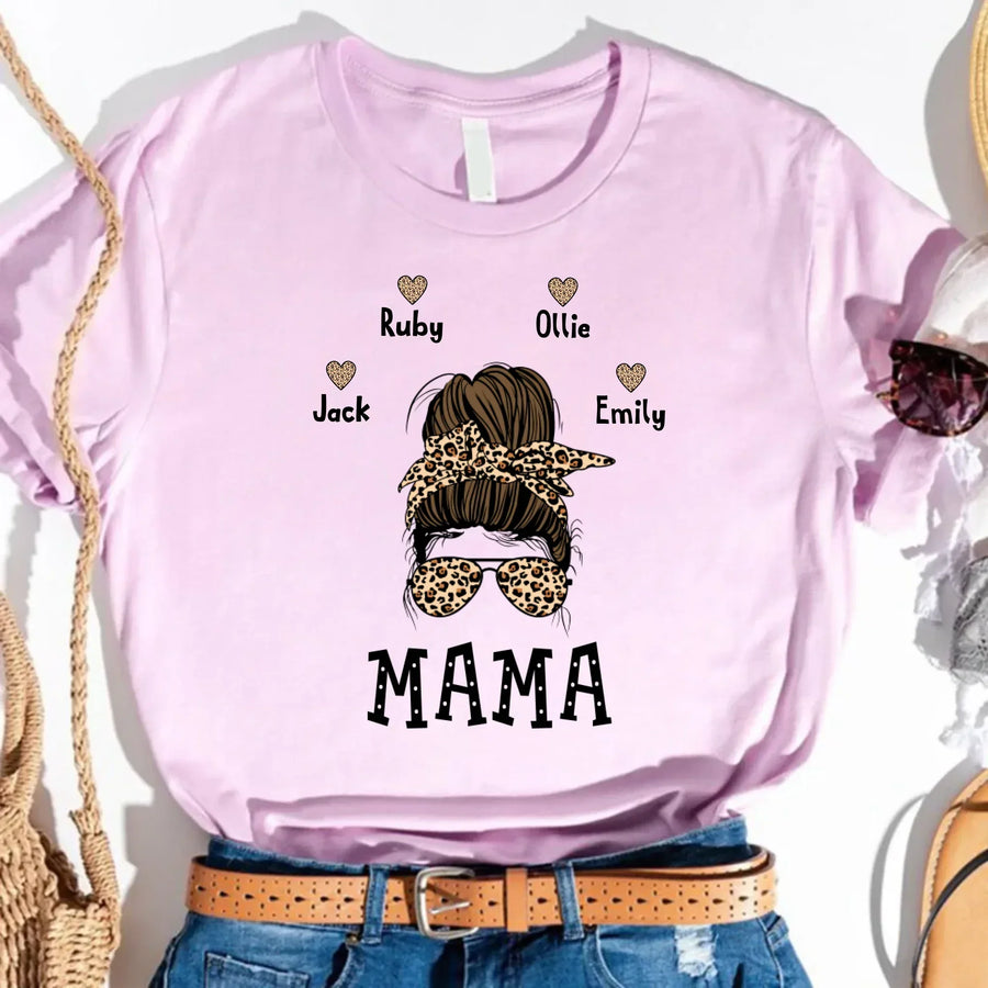 May include a graphic top showing a mama and kids illustration with messy hair in a simple, casual style.