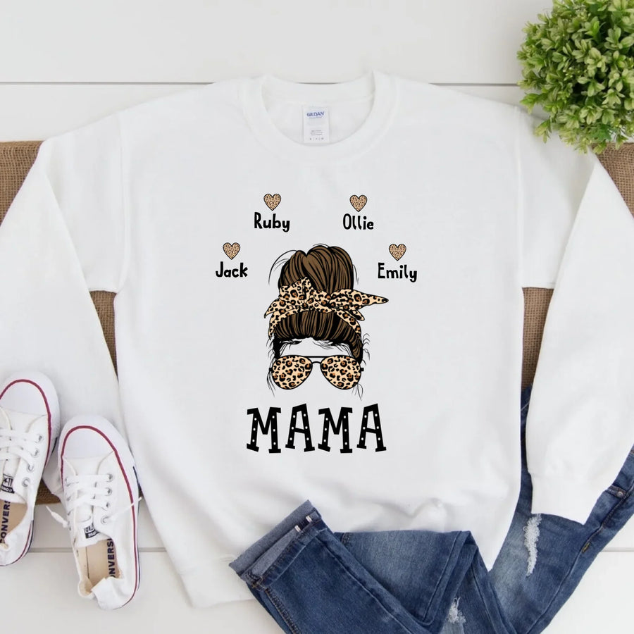 May include a graphic top showing a mama and kids illustration with messy hair in a simple, casual style.