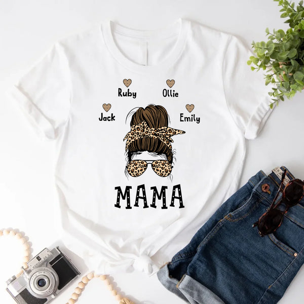 May include a graphic top showing a mama and kids illustration with messy hair in a simple, casual style.