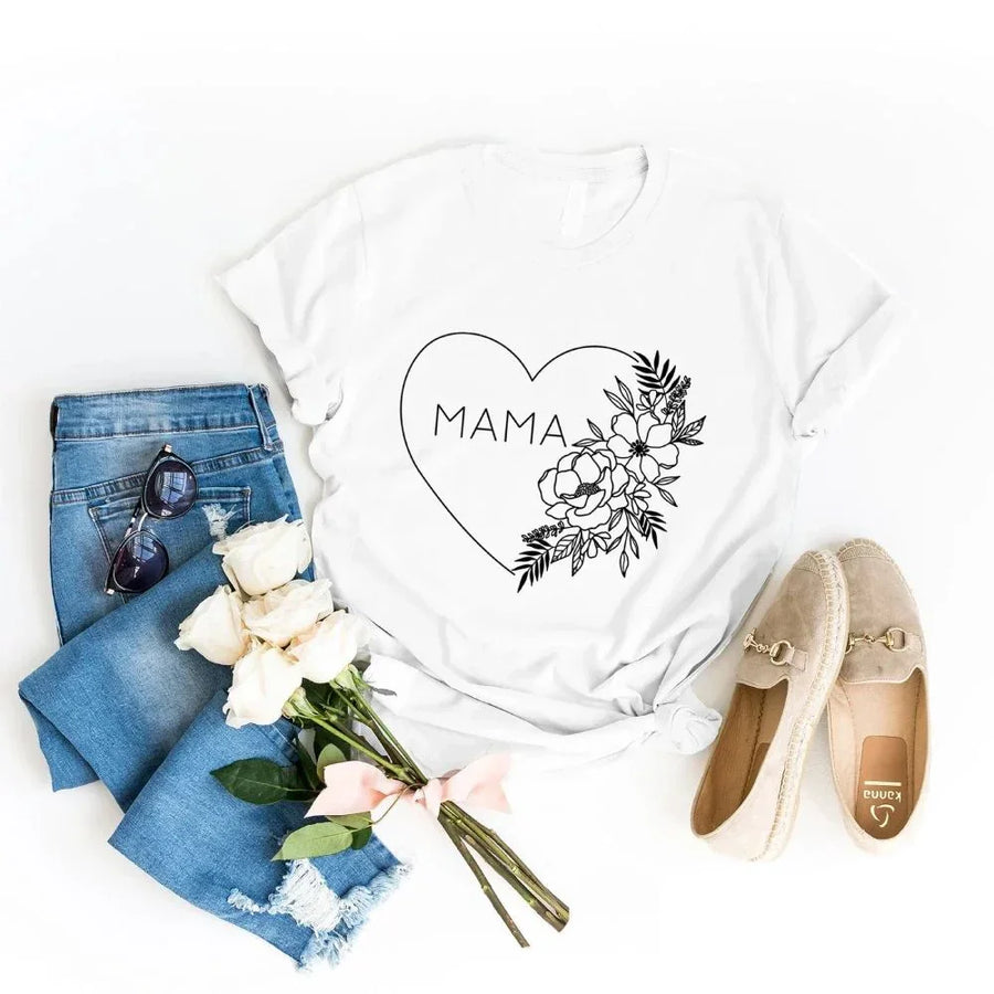 May include a minimalist “Mama” t-shirt with a small heart graphic, designed for moms and printed on soft cotton fabric.