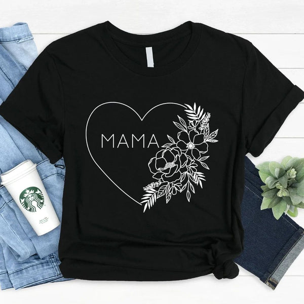 May include a minimalist “Mama” t-shirt with a small heart graphic, designed for moms and printed on soft cotton fabric.