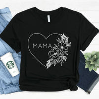 May include a minimalist “Mama” t-shirt with a small heart graphic, designed for moms and printed on soft cotton fabric.
