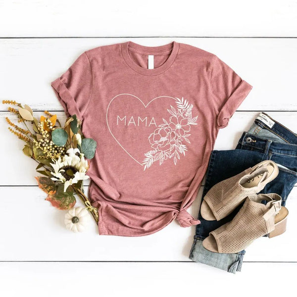 May include a minimalist “Mama” t-shirt with a small heart graphic, designed for moms and printed on soft cotton fabric.