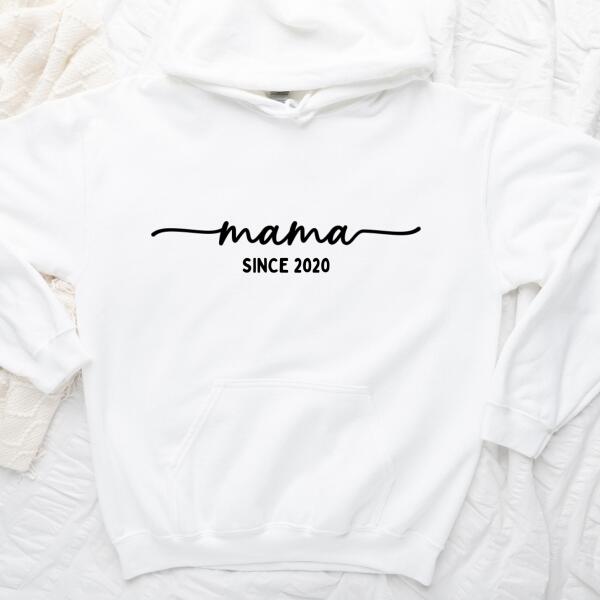May include a personalized “Mama Since” shirt featuring minimalist lettering with a customizable year printed on the front.