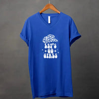 Blue t-shirt with white graphic and text on a gray background