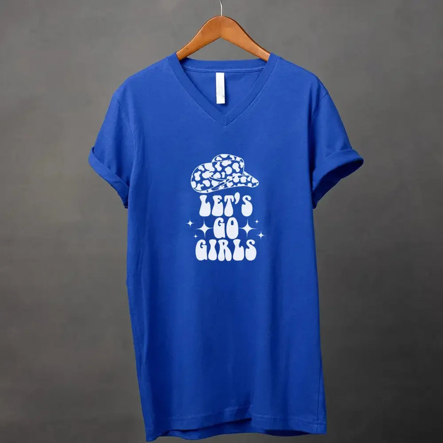 Blue t-shirt with white graphic and text on a gray background