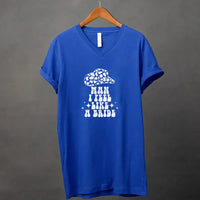 Blue t-shirt with white graphic and text on a gray background