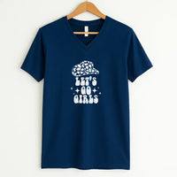 Blue t-shirt with white graphic and text on a hanger against a white background