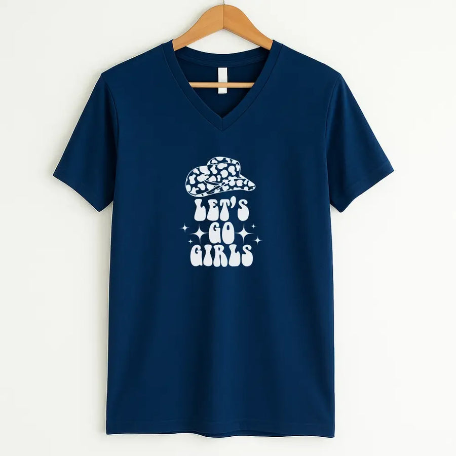 Blue t-shirt with white graphic and text on a hanger against a white background
