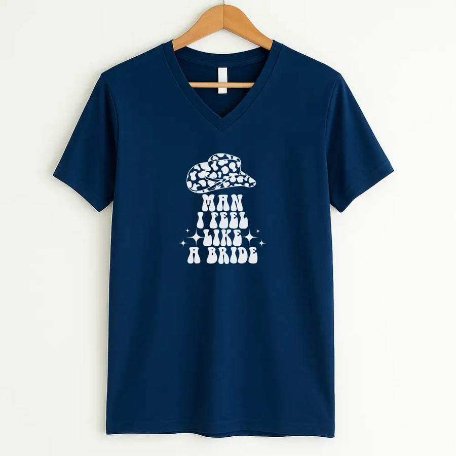 Blue t-shirt with white graphic and text on a hanger against a white background