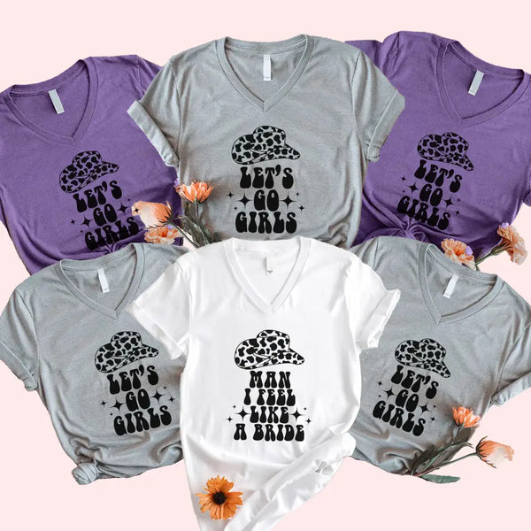 May include “Man I Feel Like a Bride” matching V-neck t-shirt for bachelorette party, bride squad country themed design.