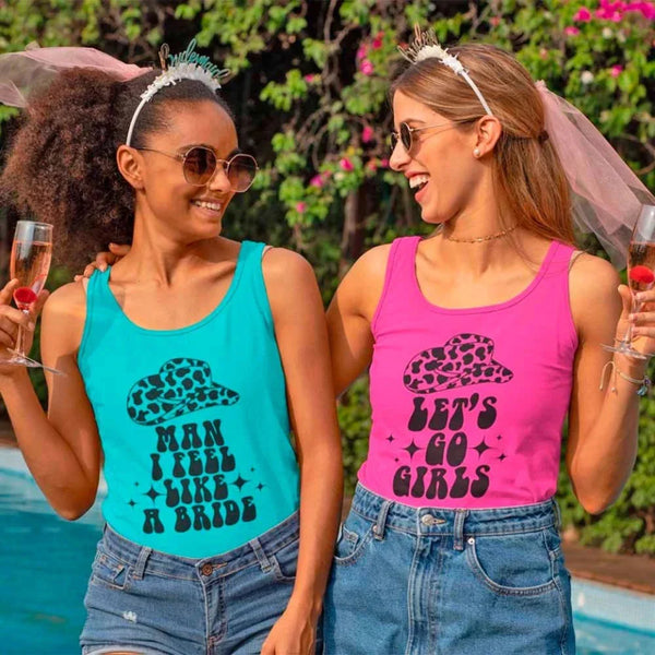 May include the Man I Feel Like a Bride Bachelorette Party Tank Top, designed for the bride-to-be and her squad with a fun, trendy print.