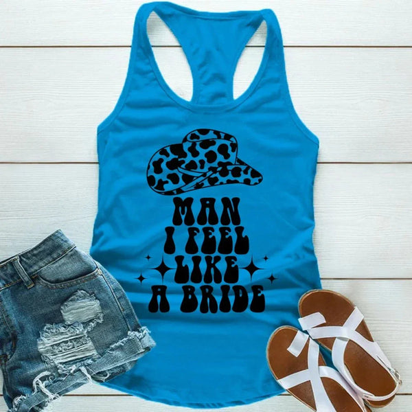 May include Blue the Man I Feel Like a Bride Bachelorette Party Tank Top, designed for the bride-to-be and her squad with a fun, trendy print.