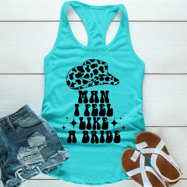 May include Turquoise the Man I Feel Like a Bride Bachelorette Party Tank Top, designed for the bride-to-be and her squad with a fun, trendy print.