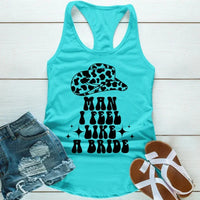 May include Turquoise the Man I Feel Like a Bride Bachelorette Party Tank Top, designed for the bride-to-be and her squad with a fun, trendy print.