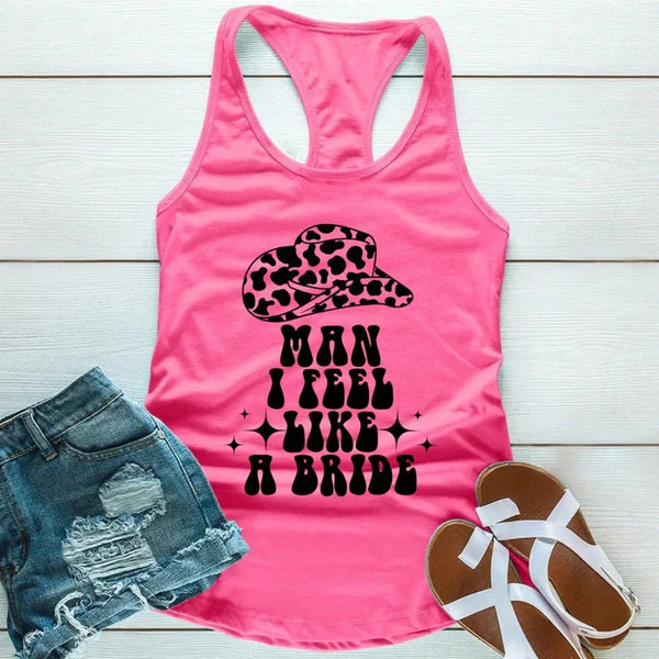 May include Pink the Man I Feel Like a Bride Bachelorette Party Tank Top, designed for the bride-to-be and her squad with a fun, trendy print.