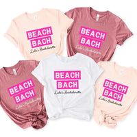 May include personalized matching beach bridal shirts for bridesmaids, maid of honor, and bride, perfect for bachelorette parties and bridal showers.