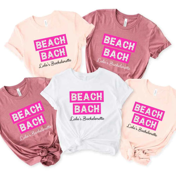 May include personalized matching beach bridal shirts for bridesmaids, maid of honor, and bride, perfect for bachelorette parties and bridal showers.