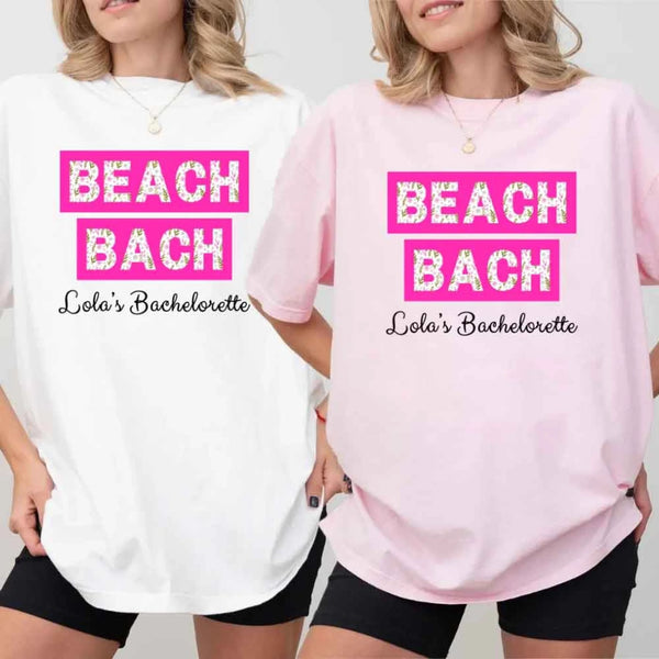 May include personalized matching beach bridal shirts for bridesmaids, maid of honor, and bride, perfect for bachelorette parties and bridal showers.