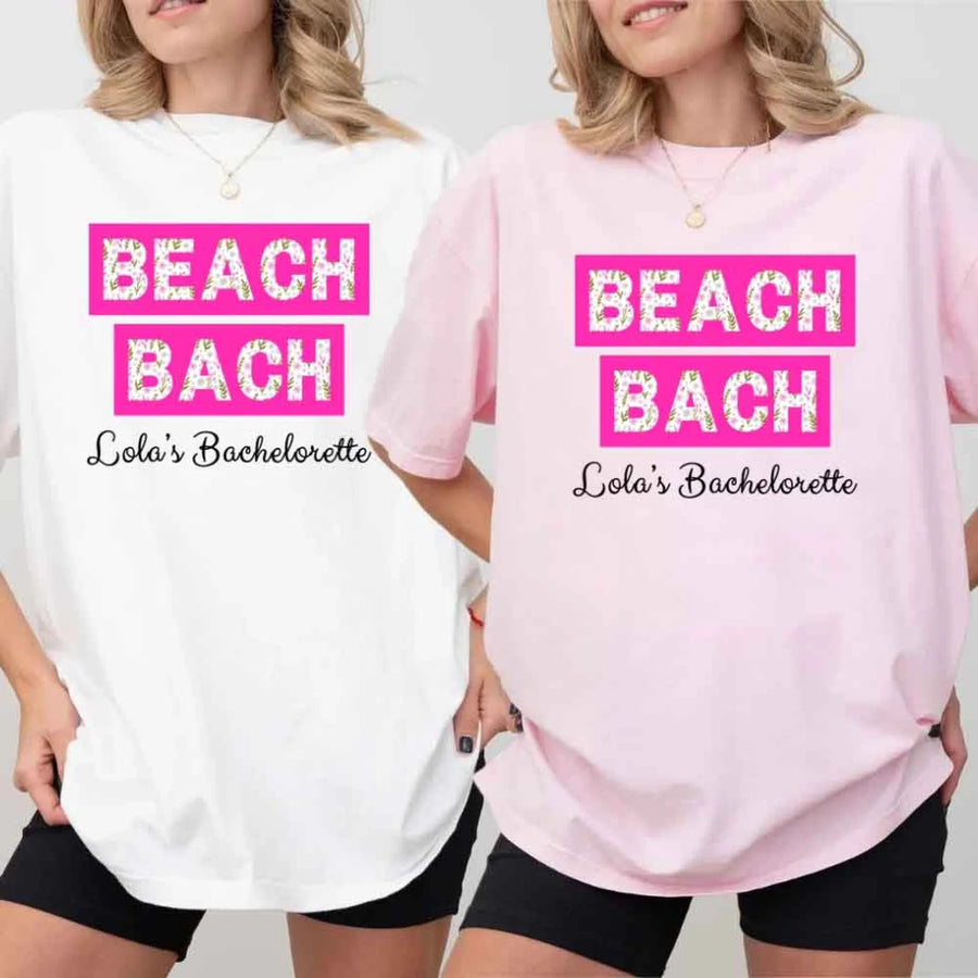 May include personalized matching beach bridal shirts for bridesmaids, maid of honor, and bride, perfect for bachelorette parties and bridal showers.