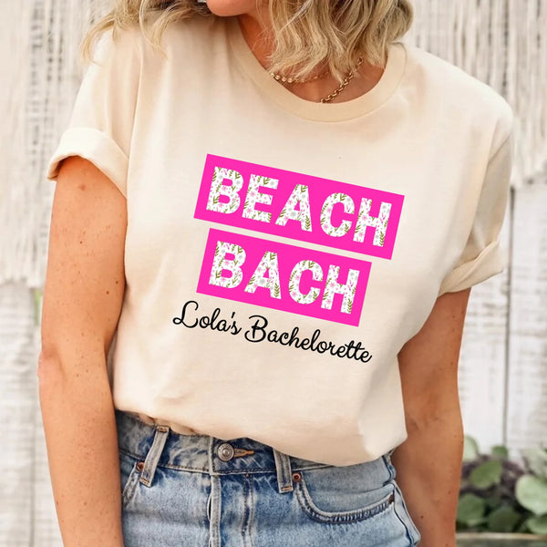 May include Cream personalized matching beach bridal shirts for bridesmaids, maid of honor, and bride, perfect for bachelorette parties and bridal showers.