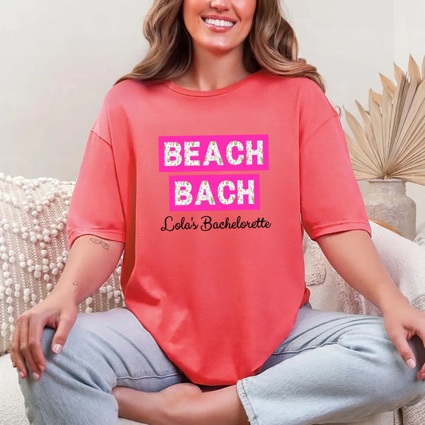 May include Coral Silk personalized matching beach bridal shirts for bridesmaids, maid of honor, and bride, perfect for bachelorette parties and bridal showers.