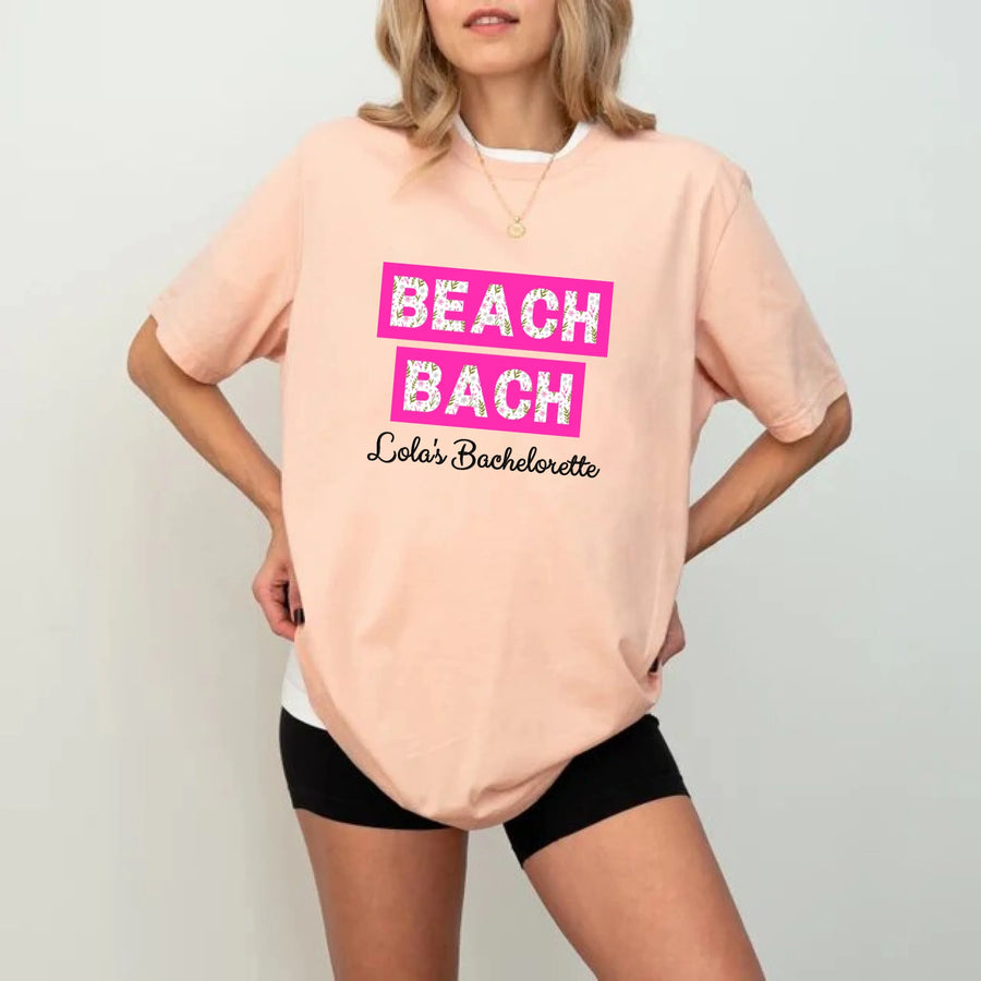 May include Peach personalized matching beach bridal shirts for bridesmaids, maid of honor, and bride, perfect for bachelorette parties and bridal showers.