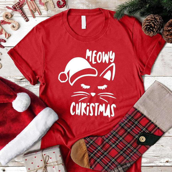 May include an image of the “Meowy Christmas” T-shirt featuring a festive cat-themed holiday design printed on a soft unisex cotton tee.