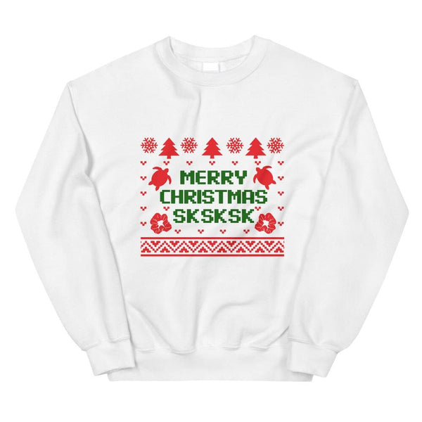 May include a Merry Christmas SKSK unisex sweatshirt displayed flat to show the festive holiday print.