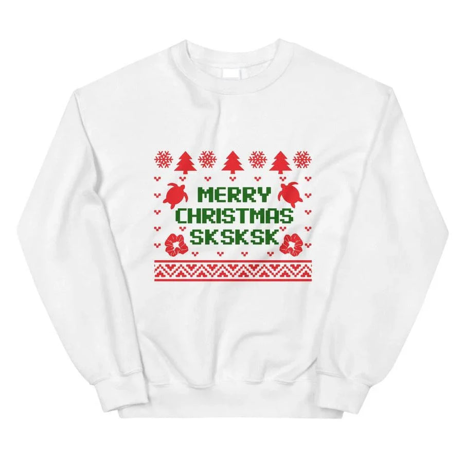 May include a Merry Christmas SKSK unisex sweatshirt displayed flat to show the festive holiday print.
