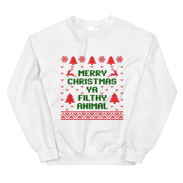 May include a colored Merry Christmas Ya Filthy Animal sweatshirt displayed to show the graphic on the front.