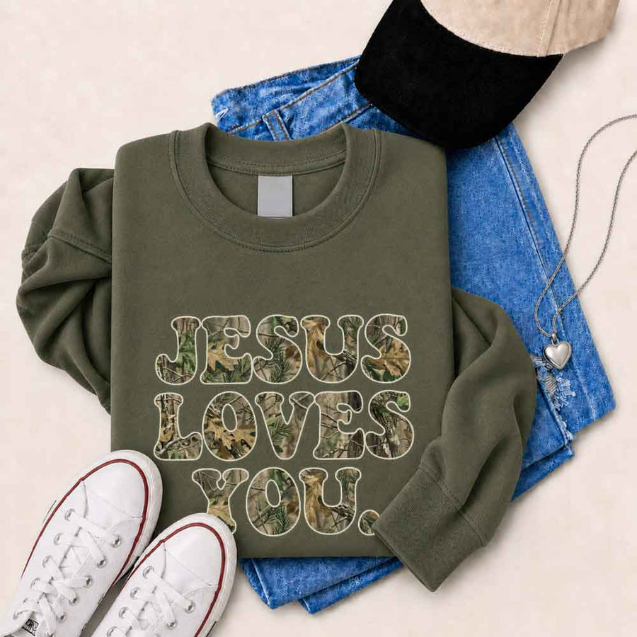 Jesus Loves You Camouflage Sweatshirt - Religious Message Sweatshirt