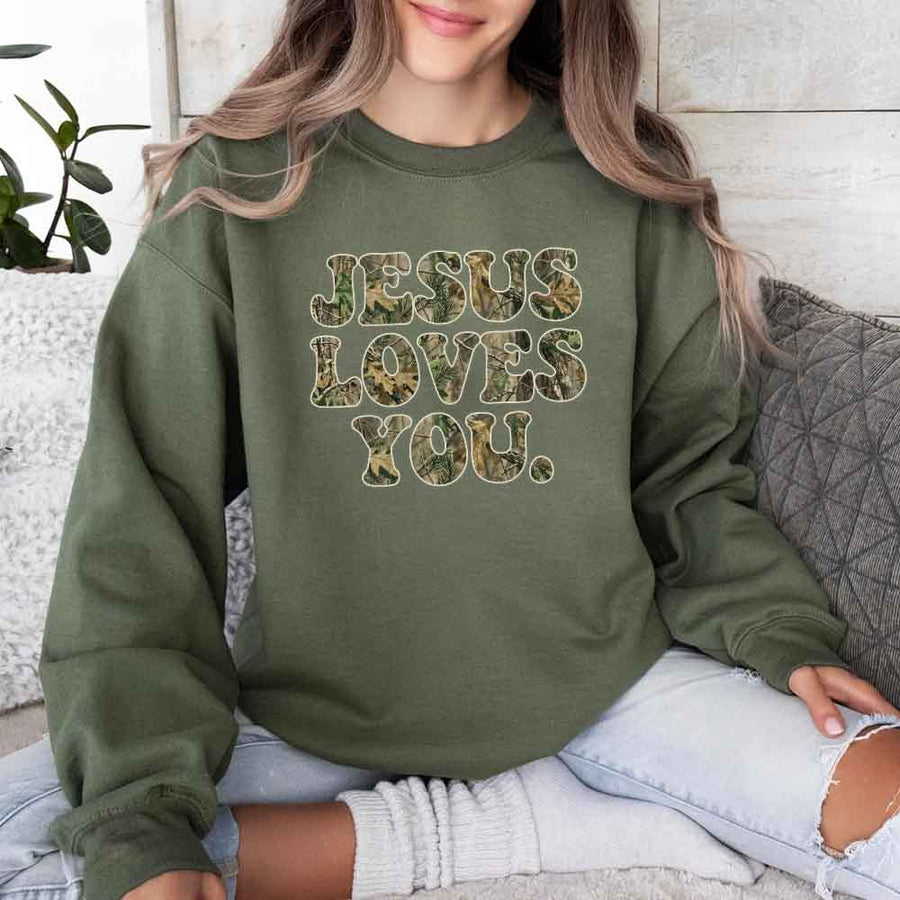 Jesus Loves You Camouflage Sweatshirt - Religious Message Sweatshirt
