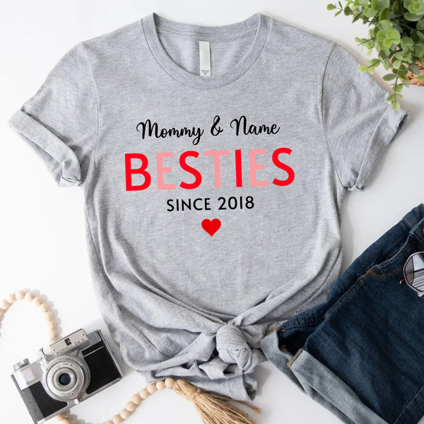 May include a mommy and daughter matching personalized t-shirt featuring “Besties Since” text in a stylish graphic design