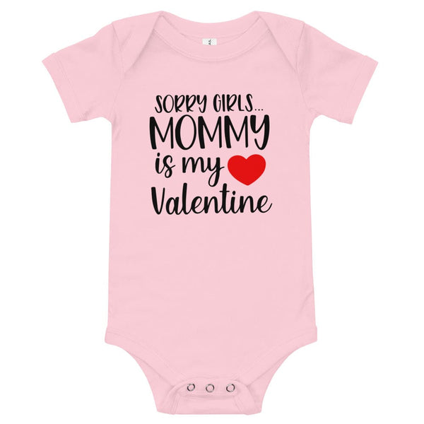 Pink baby onesie with text and a heart on a white background