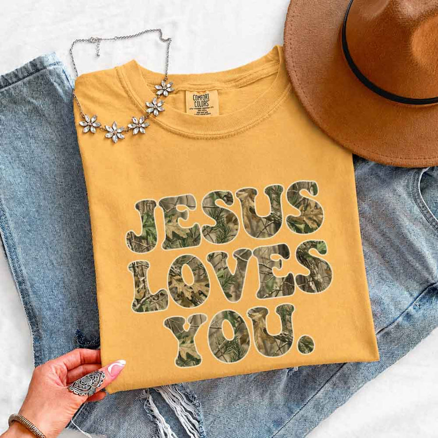 Jesus Loves You Camouflage Comfort Colors - Faith Based Graphic Tee